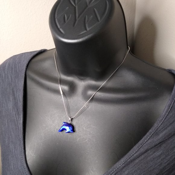 Glass Blue Dolphin Pendant Necklace 15.5 Inches - Picture 4 of 16